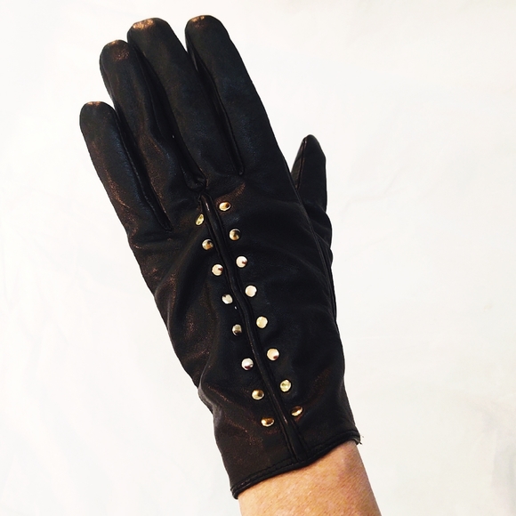 Michael Kors Gold Studded Black Leather Gloves- Medium - Picture 3 of 6